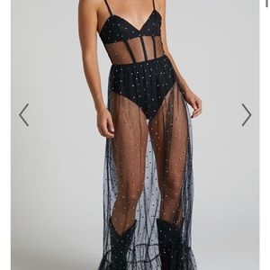 SHOWPO FESTIVAL SHEER JAYLEEN GLITTER TULLE CORSET MAXI DRESS IN BLACK